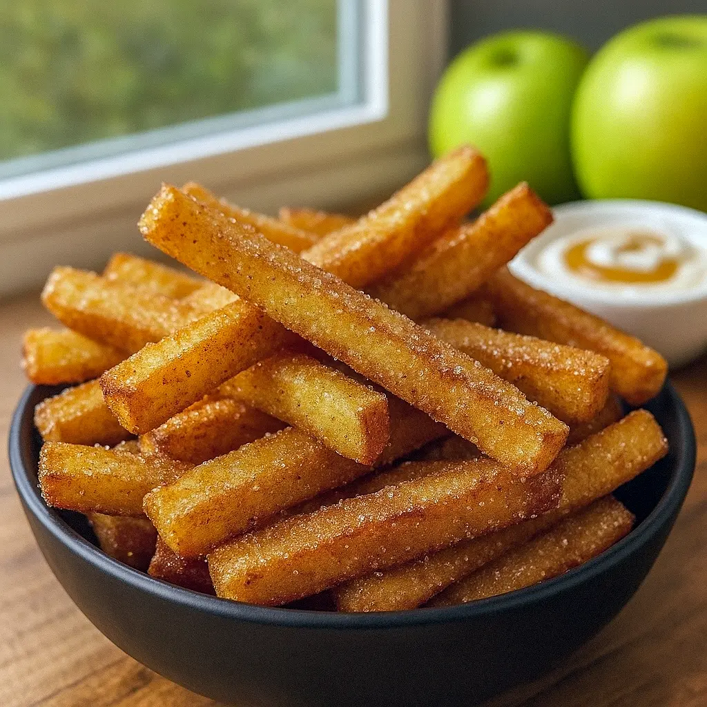Golden, crispy Air Fryer Apple Fries served with caramel dip—perfect Kids Dinner Ideas Easy Picky Eaters, Baking Recipes For Parties, Random Snacks To Make, Fruit Snack Ideas For School, Diner Recipes Easy, Recipes To Try With Friends, Simple Snack Ideas Easy Recipes, Bake Good Ideas, and Air Fryer Party Snacks.