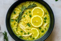 Golden bowl of Lemon Ginger Soup filled with shredded chicken, fluffy rice, and fresh herbs. This healthy soup is one of the best Tumeric Recipes Inflammation friendly meals — a soothing Immune Boosting Dinner packed with flavor. A comforting Ginger Chicken Rice Soup that highlights simple Turmeric Recipes Dinners, perfect for cozy nights, wellness cooking, and hearty Soup Recipes With Rice.