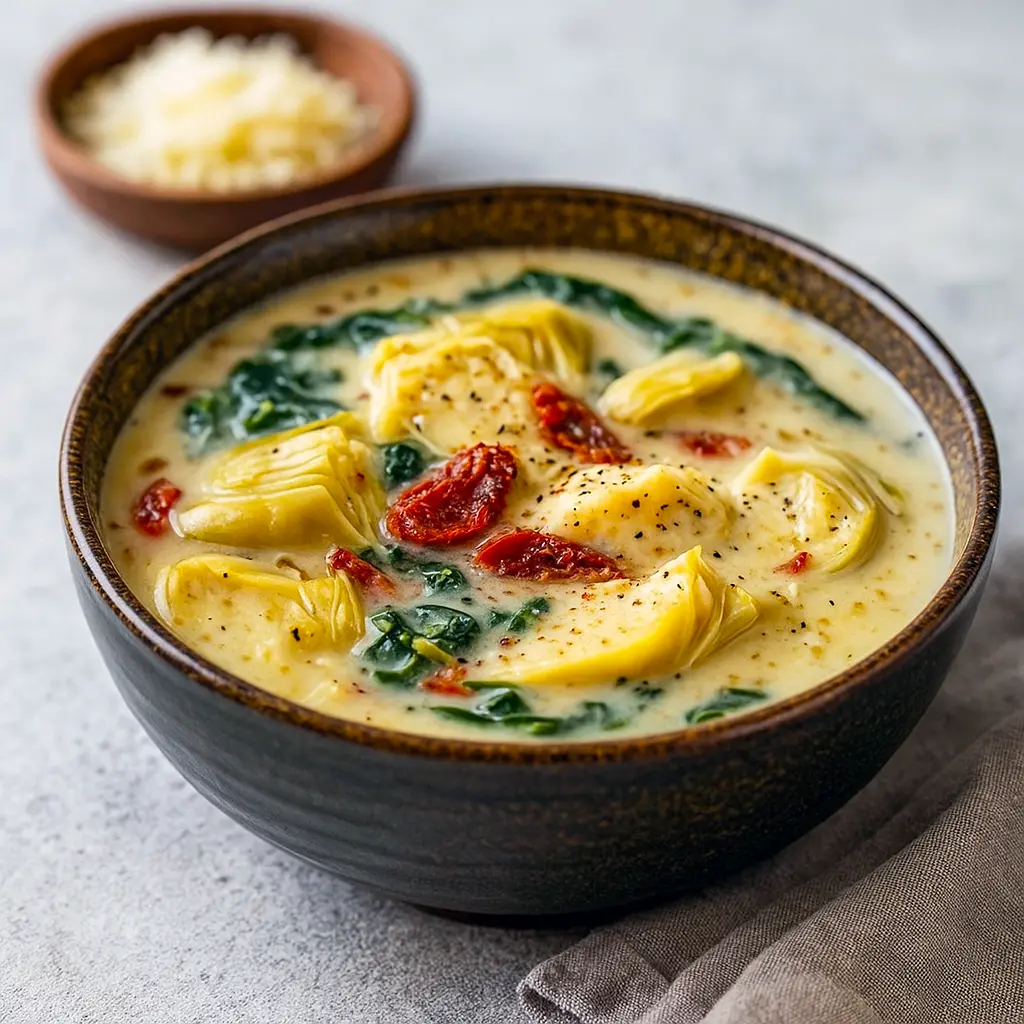 Creamy lemony artichoke soup in a bowl, garnished with parsley and a lemon wedge, served with crusty bread on the side.