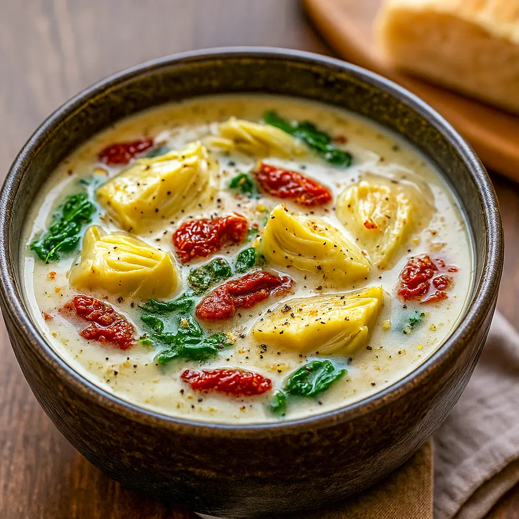 Creamy lemony artichoke soup in a bowl, garnished with parsley and a lemon wedge, served with crusty bread on the side.