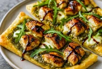 Close-up of a sliced pesto chicken flatbread with melted cheese, cherry tomatoes, and basil on a wooden board — perfect for Easy Summer Dinners High Protein, a go-to for Healthy Dinner Recipes Pesto, cozy enough for Cottage Dinners, and ideal in a Late Summer Dinner Recipes rotation.