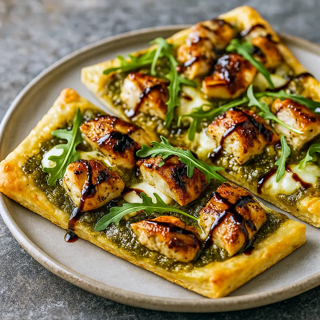 Close-up of a sliced pesto chicken flatbread with melted cheese, cherry tomatoes, and basil on a wooden board — perfect for Easy Summer Dinners High Protein, a go-to for Healthy Dinner Recipes Pesto, cozy enough for Cottage Dinners, and ideal in a Late Summer Dinner Recipes rotation.