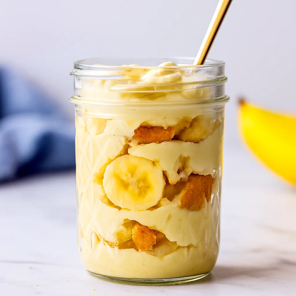 Close-up of a jar showing stacked protein banana pudding, crushed wafers, and banana slices — a tasty idea for Things To Add Protein Powder To and a clean Vanilla Protein Dessert Recipes option; great as Soft Foods With Protein and tested with Ascent Protein Recipes.