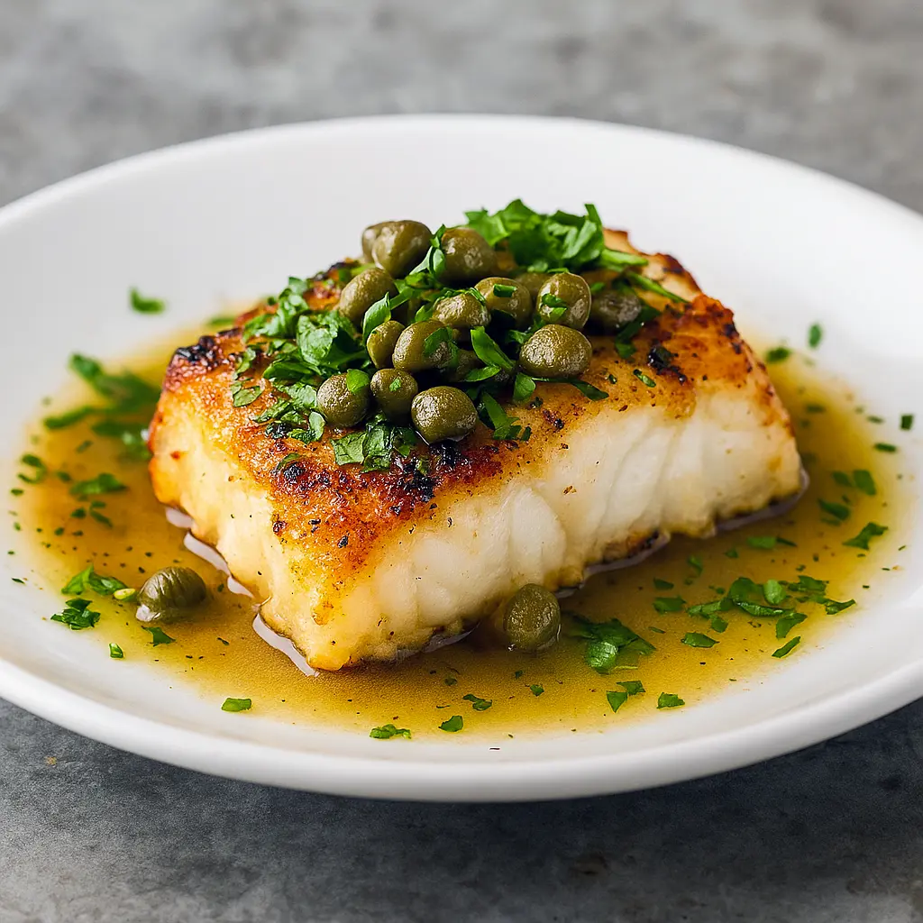 Pan-seared cod piccata with lemon-caper glaze and parsley on a white plate.