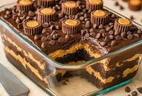 Slice of Reese's Peanut Butter Cake showing gooey chocolate and peanut butter layers, topped with chopped Reese’s cups, perfect for Dessert Ideas Peanut Butter and Easy Desserts With Peanut Butter.