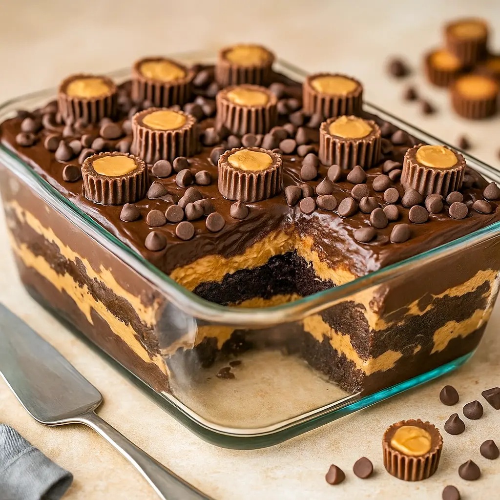 Slice of Reese's Peanut Butter Cake showing gooey chocolate and peanut butter layers, topped with chopped Reese’s cups, perfect for Dessert Ideas Peanut Butter and Easy Desserts With Peanut Butter.