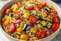 A bowl of colorful orzo pasta mixed with roasted zucchini, bell peppers, onions, and cherry tomatoes, garnished with fresh herbs and feta — the perfect Roast Vegetable Dinner and Healthy Vegetable Main Dish Recipes for a quick, vibrant weeknight meal.