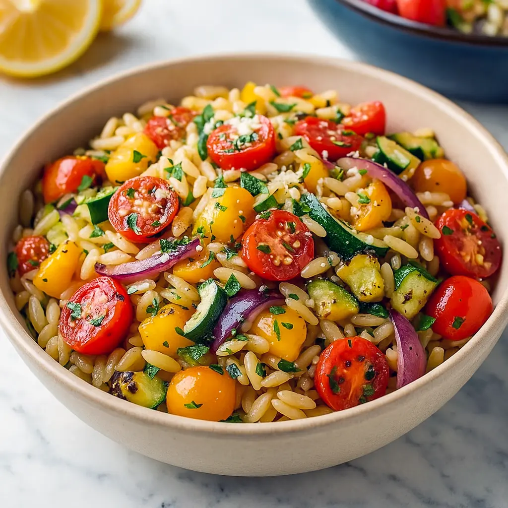 A bowl of colorful orzo pasta mixed with roasted zucchini, bell peppers, onions, and cherry tomatoes, garnished with fresh herbs and feta — the perfect Roast Vegetable Dinner and Healthy Vegetable Main Dish Recipes for a quick, vibrant weeknight meal.
