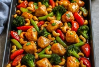 Sheet pan of bite-sized glazed chicken, roasted bell peppers, red onion and toasted cashews, served with a side of steamed rice.