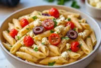 Bowl of colorful Greek Pasta With Feta featuring cherry tomatoes, Kalamata olives, crumbled feta, and fresh herbs, tossed in olive oil and served as a bright Mediterranean Pasta Dish.