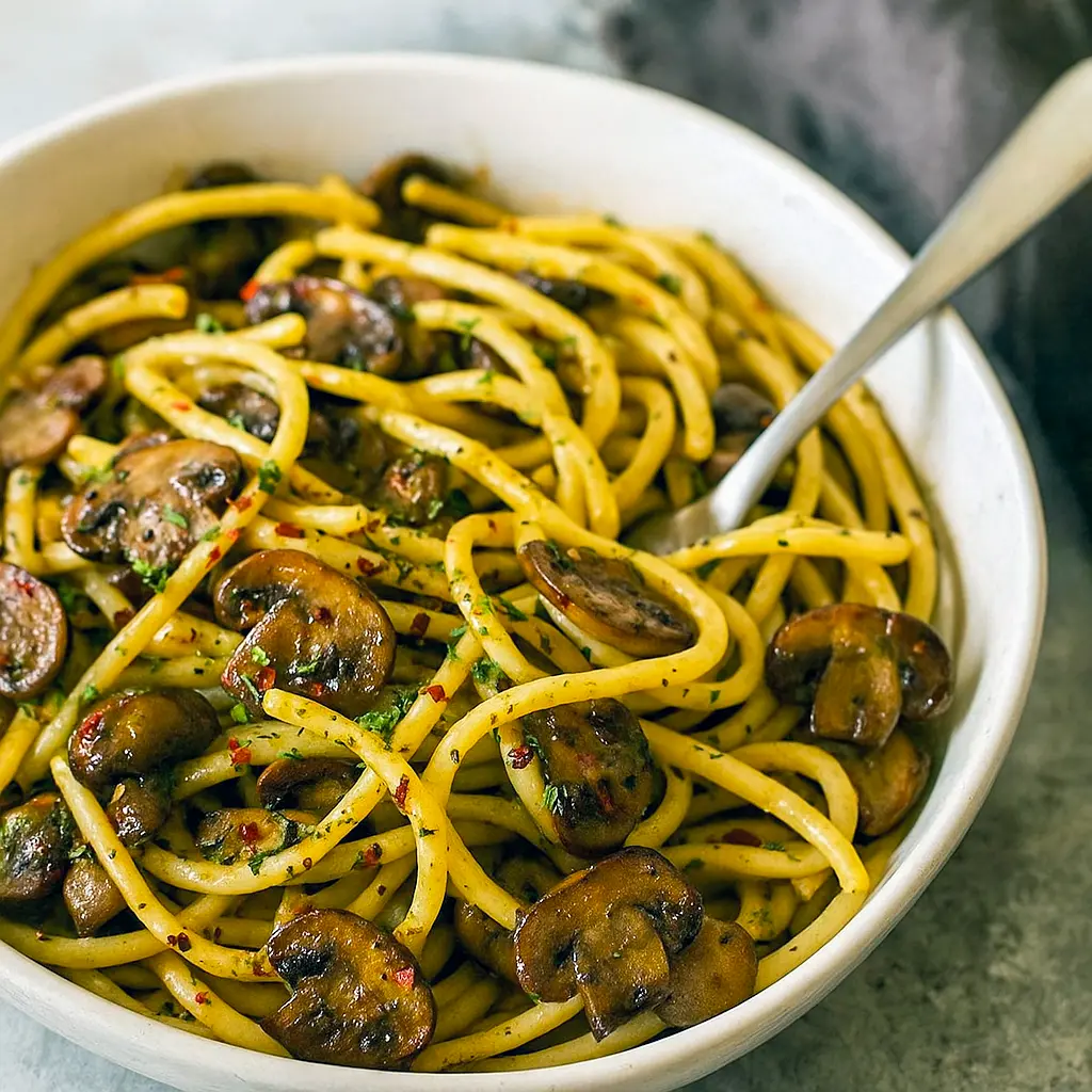 Spaghetti tossed with sautéed mushrooms, garlic, chili flakes, parsley and grated Parmesan in a shallow bowl.