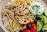 Shredded lemon-oregano slow cooker chicken piled on a bowl of rice with a side of tzatziki, sprinkled with parsley and lemon wedges.