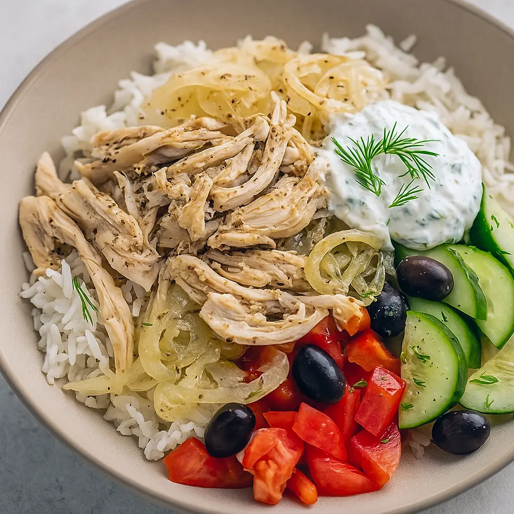 Shredded lemon-oregano slow cooker chicken piled on a bowl of rice with a side of tzatziki, sprinkled with parsley and lemon wedges.