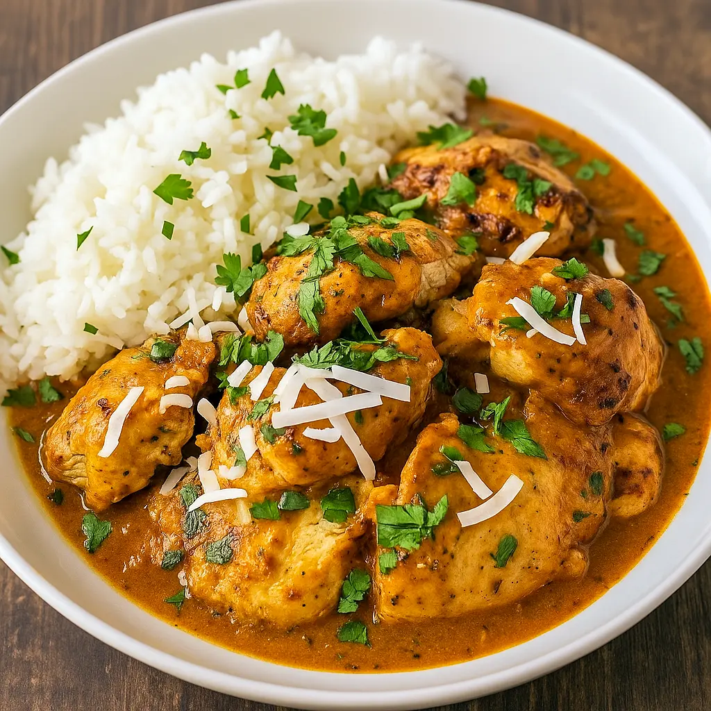 Spicy Brazilian coconut chicken simmered in a creamy sauce with red peppers, served over rice and topped with fresh cilantro.