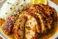 Spicy Brazilian coconut chicken simmered in a creamy sauce with red peppers, served over rice and topped with fresh cilantro.