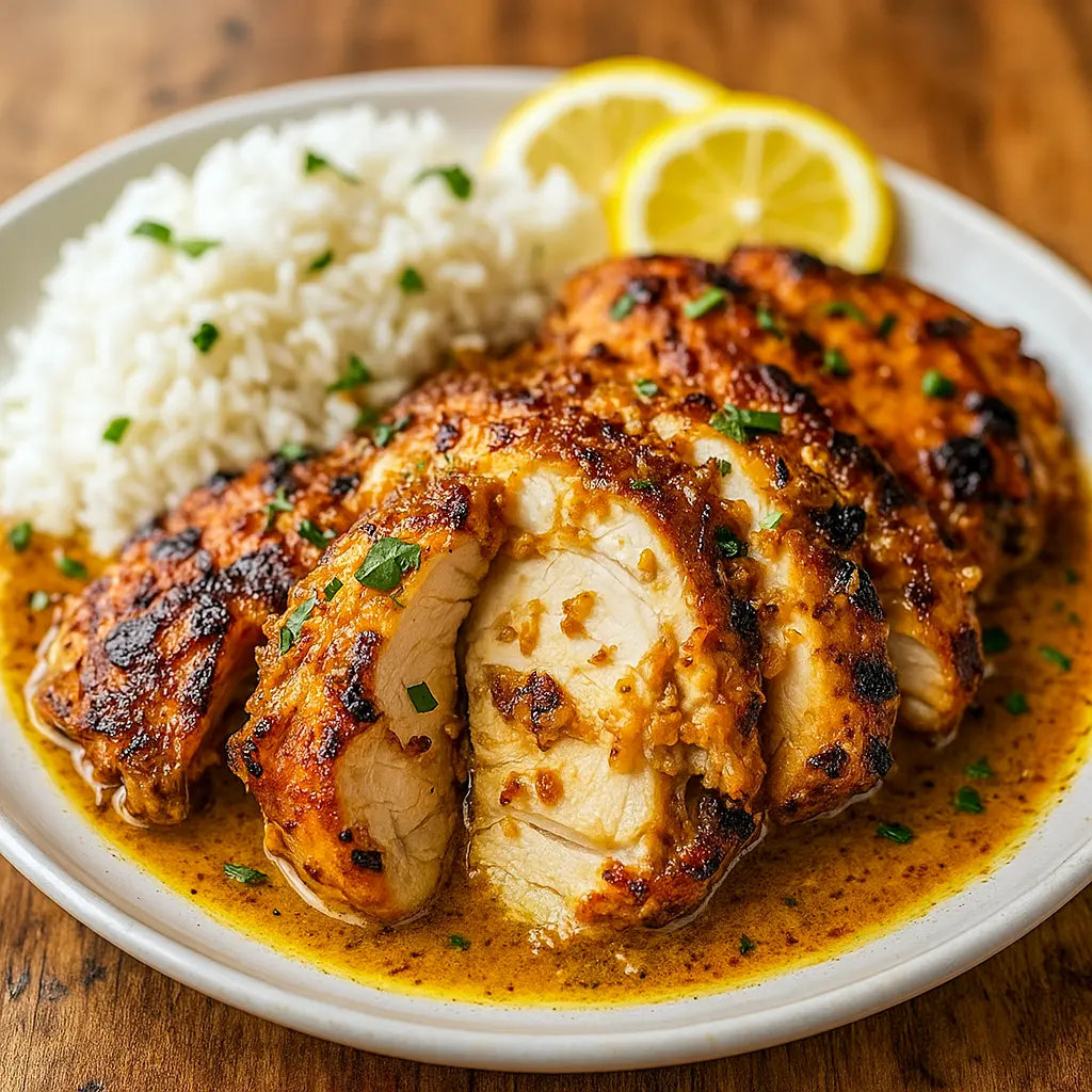 Spicy Brazilian coconut chicken simmered in a creamy sauce with red peppers, served over rice and topped with fresh cilantro.