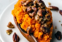 Golden twice-baked sweet potatoes filled with creamy mashed sweet potato and topped with a crunchy pecan streusel, served on a rustic platter.
