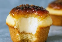 Close-up of a vanilla bean crème brûlée cupcake with a glossy, caramelized sugar top and creamy filling, photographed on a rustic plate.