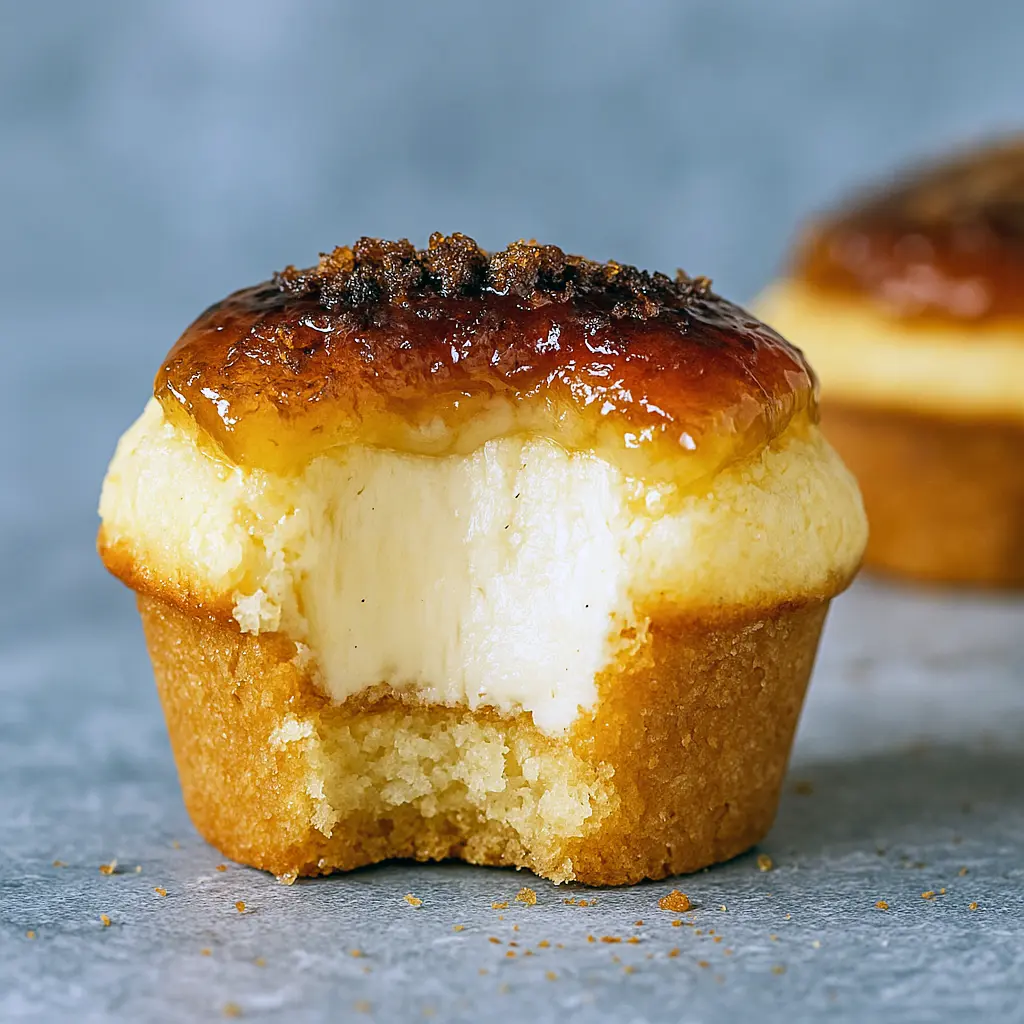 Close-up of a vanilla bean crème brûlée cupcake with a glossy, caramelized sugar top and creamy filling, photographed on a rustic plate.