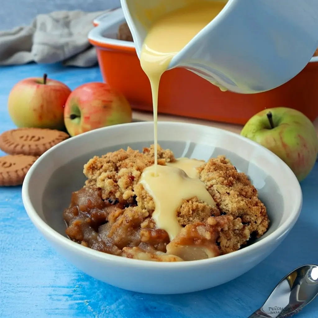 Close-up of a warm Biscoff Apple Crumble topped with golden Biscoff Cookie Crumbs, baked to perfection for a cozy Crumble Recipe dessert.
