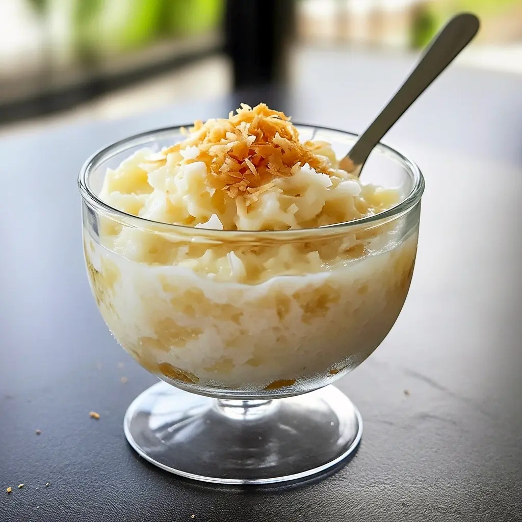 Small glass of silky coconut pudding topped with toasted coconut flakes and a lime twist, served on a rustic plate.