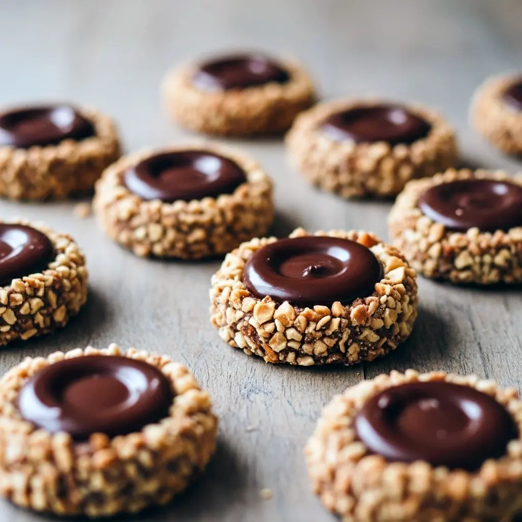 Chocolate-hazelnut thumbprint cookies rolled in chopped hazelnuts with glossy chocolate centers, arranged on a rustic plate.