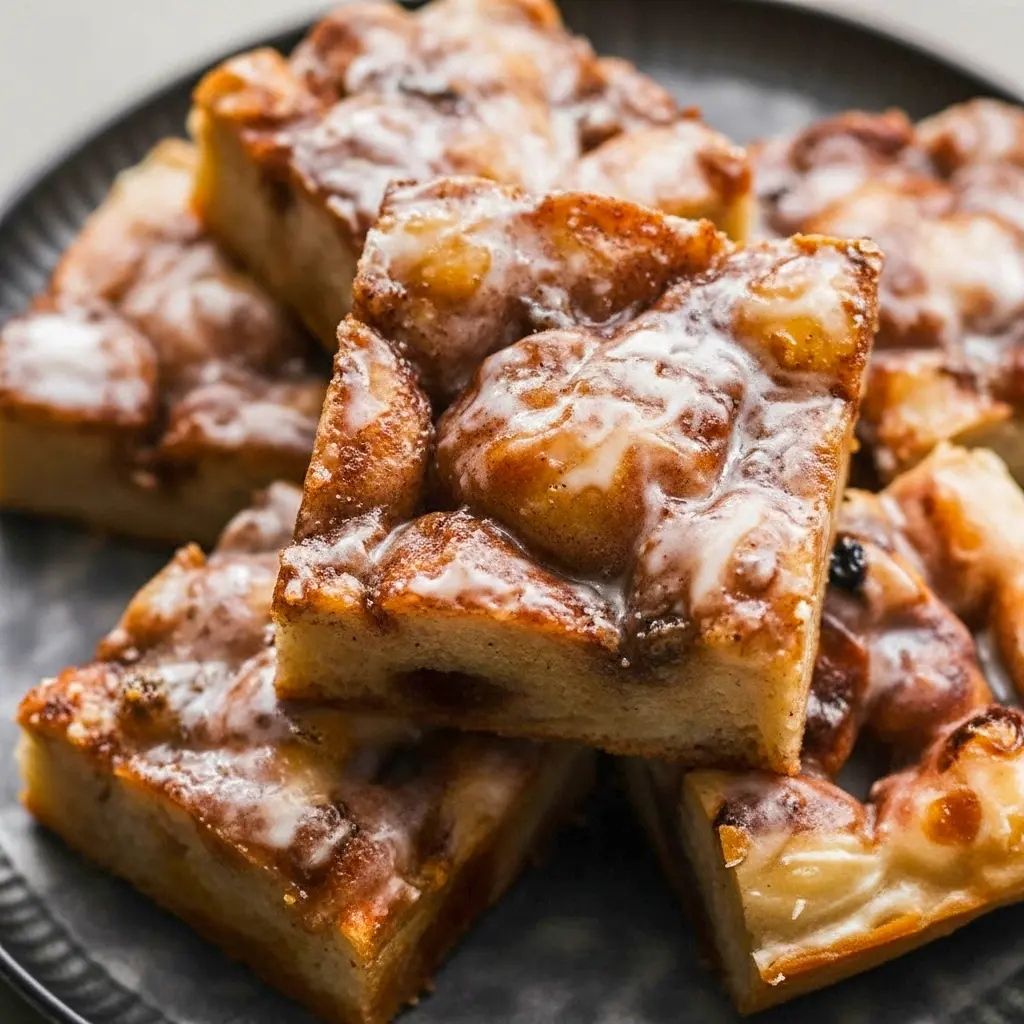 Sliced cinnamon focaccia with golden dimples filled with caramelized brown-butter cinnamon-sugar and a drizzle of vanilla glaze on a rustic wooden board.