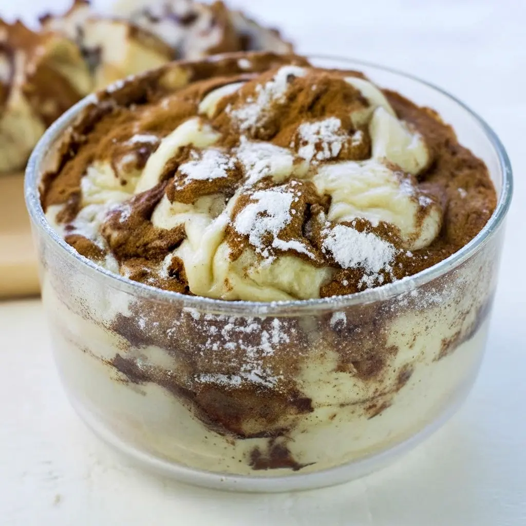 Slice of cinnamon swirl protein cake with visible cinnamon ribbon and moist crumb, plated with a fork and a sprinkle of cinnamon.