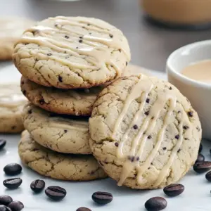 Stack of round espresso-glazed sugar cookies on a wooden board, with scattered coffee beans and a drizzle of glaze.