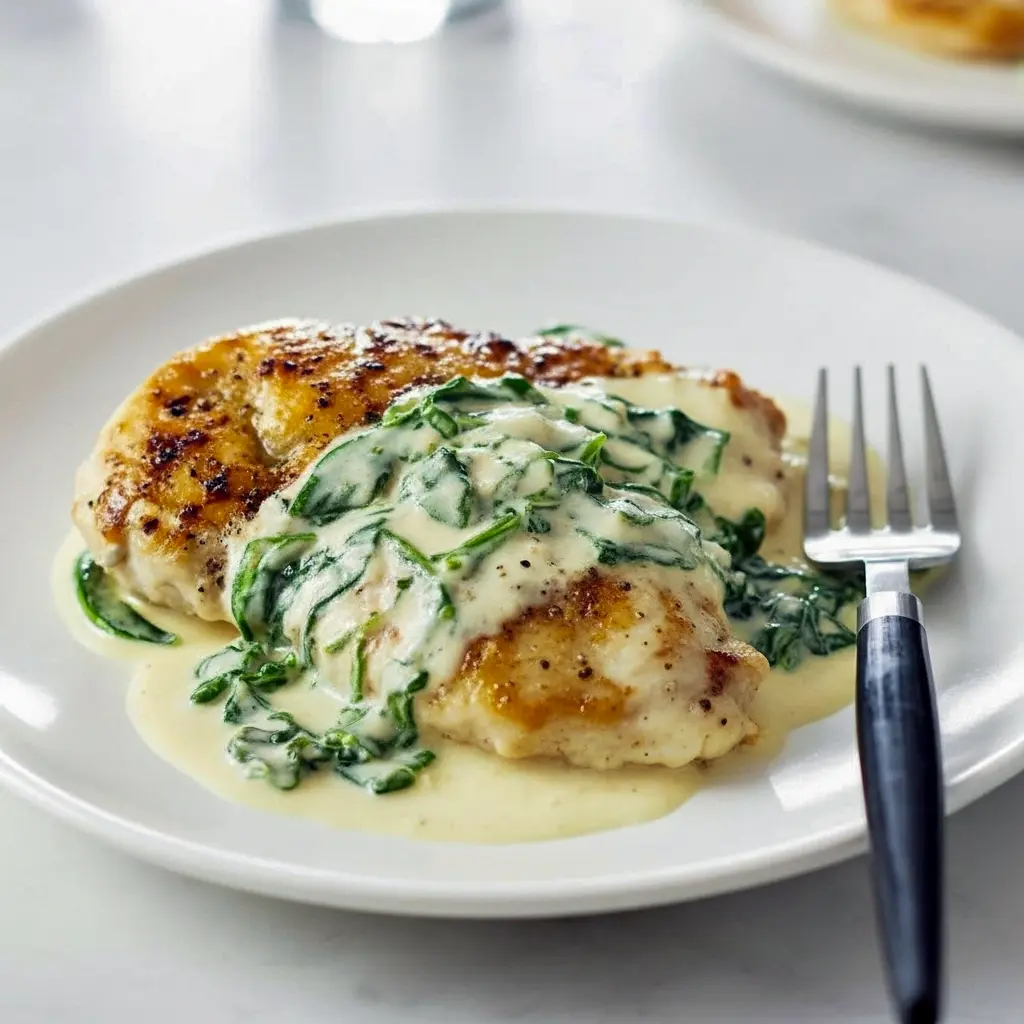 A skillet of creamy Chicken Florentine with tender chicken breasts, wilted spinach, and a rich garlic cream sauce — an elegant Chicken Florentine Recipe perfect for Simple Chicken And Spinach Recipes and cozy Chicken Entrees.