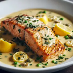 Close-up of Creamy Lemon Garlic Salmon Piccata — golden pan-seared salmon fillets coated in a rich Salmon With Lemon Caper Cream Sauce, garnished with lemon slices, parsley, and capers, served over creamy Lemon Caper Salmon Pasta for the perfect elegant Salmon Piccata Recipe dinner.