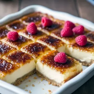 Close-up of a square of Creme Brulee Cheesecake showing a crisp, caramelized sugar top and creamy filling, styled with fresh berries — the same satisfying crack you get from a classic Creme Brulee Recipe, with inspiration from a Blueberry Custard Cheesecake Recipe and hints of an Old Fashioned Cheesecake With Sour Cream Topping.
