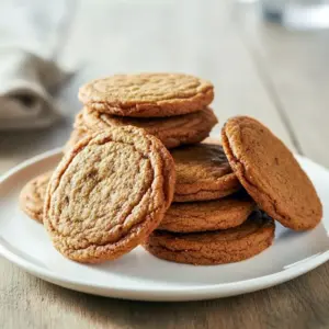 A plate of Crisp Gingerbread Cookies with golden-brown edges, showing their delicate texture and festive spices — the perfect Molasses Ginger Crisps and Crunchy Ginger Snap Cookies for holiday baking.