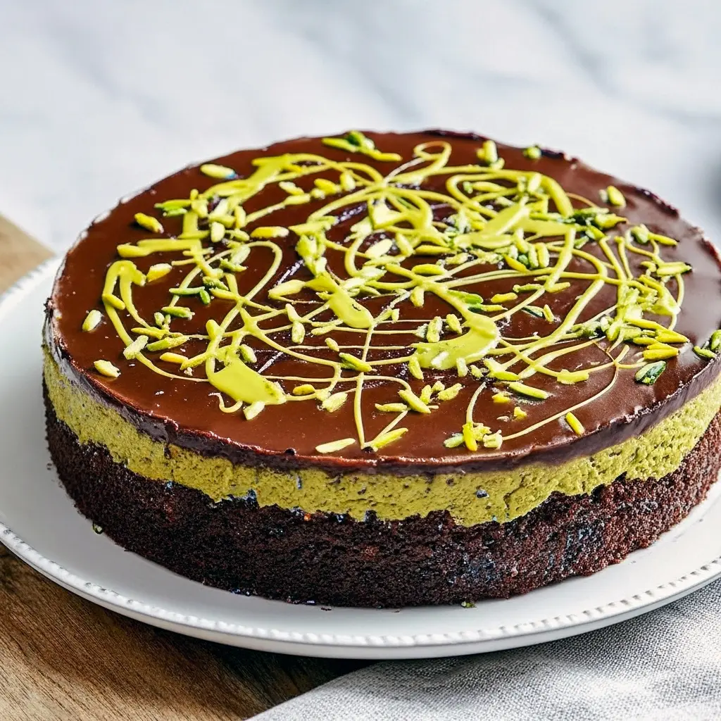 Layered chocolate cake with glossy ganache, pistachio filling oozing from the center, topped with toasted kataifi and crushed pistachios.
