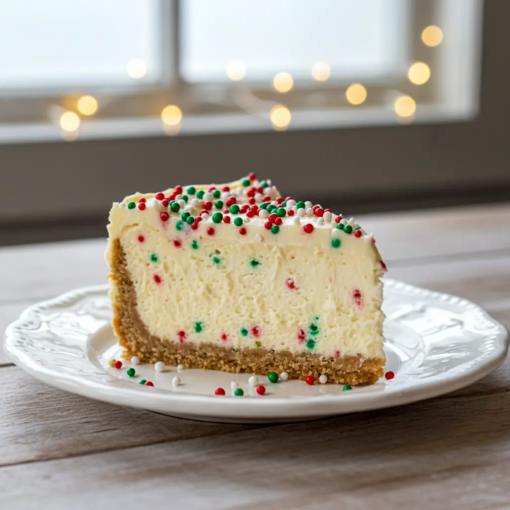 Slice of Sugar Cookie Cheesecake with white chocolate ganache and sprinkles on a plate, styled to showcase a crisp Cookie Cheesecake Crust, nod to Vanilla Cookie Crust Cheesecake, festive Holiday Cookie Cheesecake appeal, and the nostalgic convenience of Pillsbury Christmas Cookie Cheesecake or Pilsbury Cookie Crust Cheesecake; perfect for fans of Buttery Sugar Cookies, elevated Cheesecake Desserts, and holiday Sweet Snacks Recipes.
