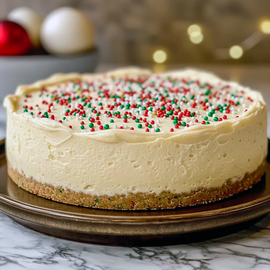 Slice of Sugar Cookie Cheesecake with white chocolate ganache and sprinkles on a plate, styled to showcase a crisp Cookie Cheesecake Crust, nod to Vanilla Cookie Crust Cheesecake, festive Holiday Cookie Cheesecake appeal, and the nostalgic convenience of Pillsbury Christmas Cookie Cheesecake or Pilsbury Cookie Crust Cheesecake; perfect for fans of Buttery Sugar Cookies, elevated Cheesecake Desserts, and holiday Sweet Snacks Recipes.