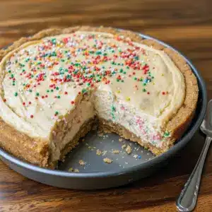 Slice of Sugar Cookie Cheesecake with white chocolate ganache and sprinkles on a plate, styled to showcase a crisp Cookie Cheesecake Crust, nod to Vanilla Cookie Crust Cheesecake, festive Holiday Cookie Cheesecake appeal, and the nostalgic convenience of Pillsbury Christmas Cookie Cheesecake or Pilsbury Cookie Crust Cheesecake; perfect for fans of Buttery Sugar Cookies, elevated Cheesecake Desserts, and holiday Sweet Snacks Recipes.