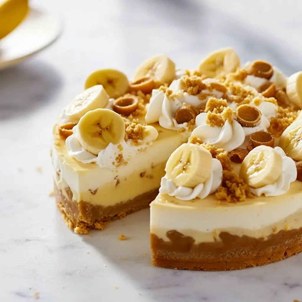 Close-up of a creamy Banana Cheesecake Pudding topped with banana slices and vanilla wafers, a dreamy twist on classic Banana Pudding Ideas and rich Desserts With Cheesecake Filling, perfect for cozy Comfort Dessert Recipes lovers.
