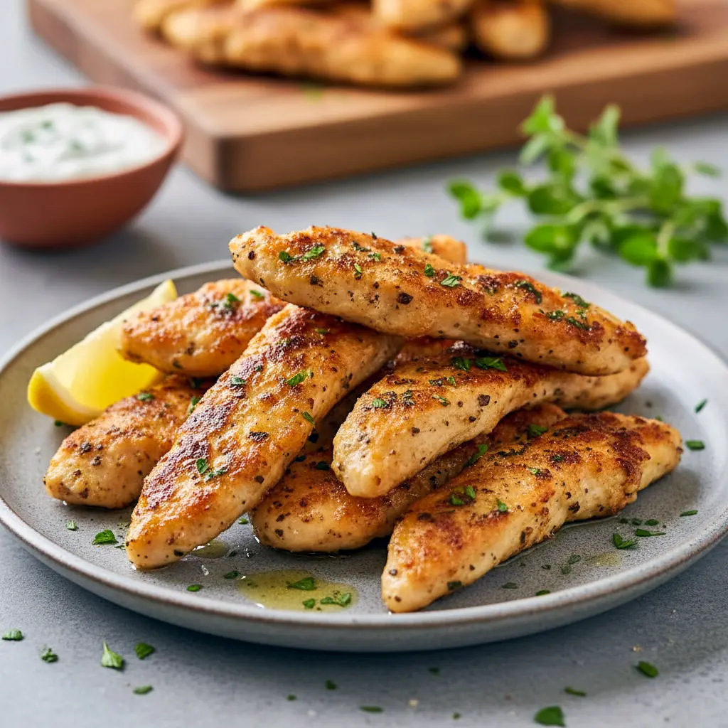 Recipe Chicken Tenderloins on a rustic platter with lemon wedges and chopped herbs, plated for a Light Dinner Menu and presented as a healthier take on Chicken Strip Recipes Healthy, looking absolutely Everything Delish.