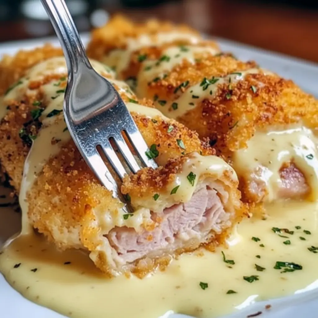 Baked Cordon Bleu — sliced chicken roulade stuffed with ham and Swiss, drizzled with creamy Swiss cheese sauce and plated with roasted potatoes and parsley.