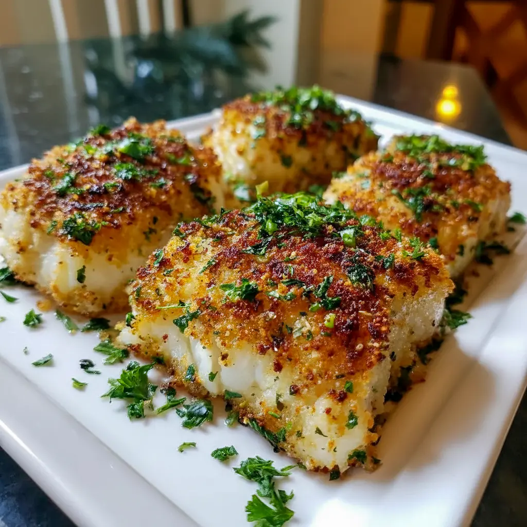 Golden, crispy lemon-herb Cod Baked In Oven on a white plate, topped with buttery panko crumbs, fresh parsley, and lemon slices — classic New England style seafood dinner.