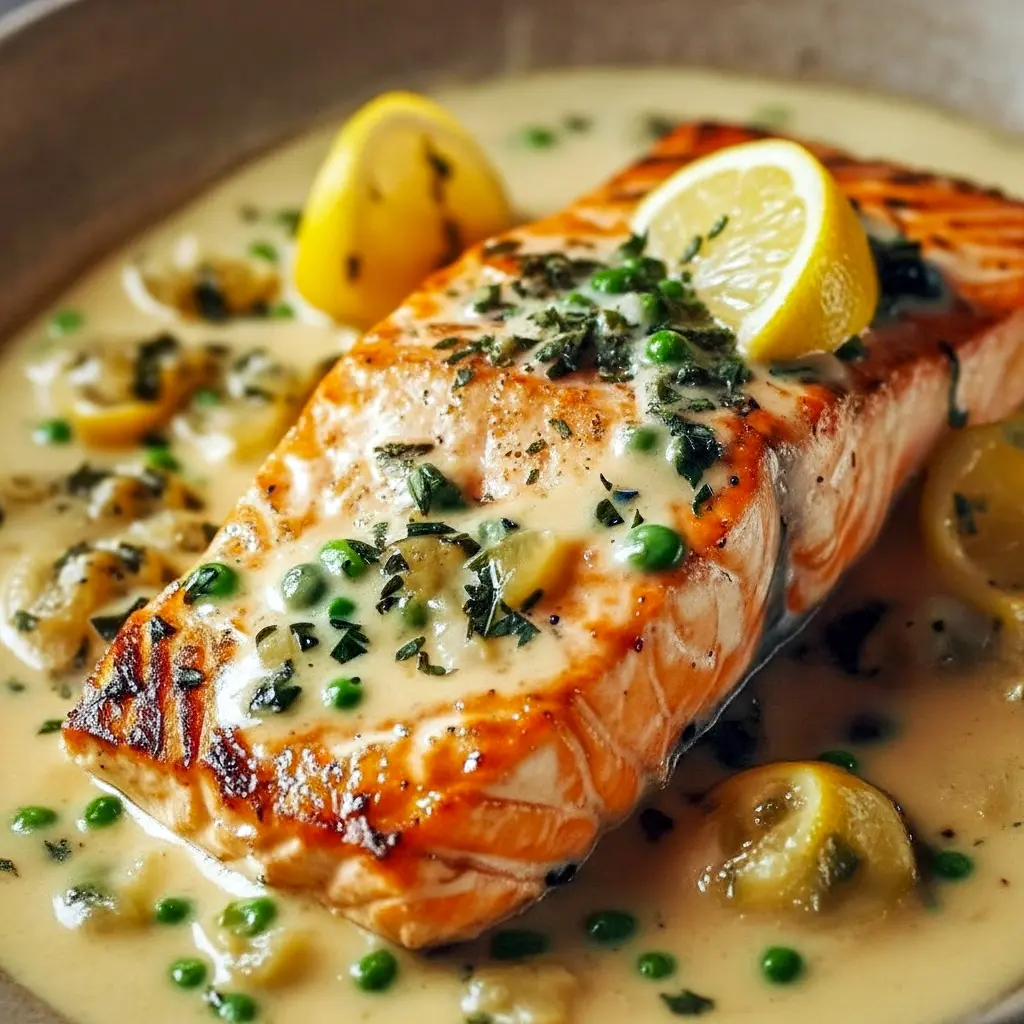 Close-up of creamy lemon salmon piccata with capers and lemon wedges on a plate — Fish Piccata Recipes, Creamy Lemon Piccata Sauce, Pescatarian Dinner, Salmon Piccata Creamy Lemon Sauce, Creamy Lemon Garlic Salmon, Lemon Piccata Salmon, Creamy Lemon Caper Salmon, Salmon Piccata With Cream Sauce, Salmon Piccata Dinner.