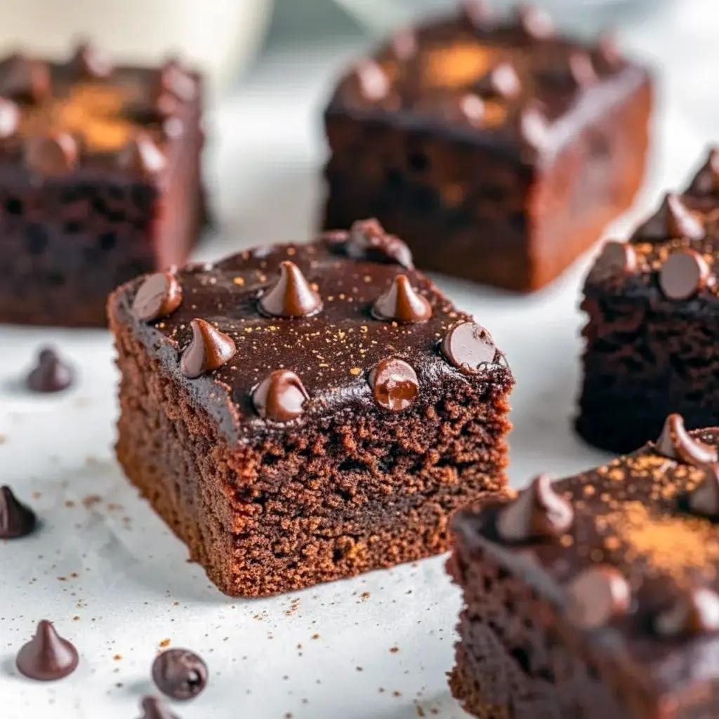Fudgy Pumpkin Brownies topped with melted chocolate chips, a healthy fall treat that’s gluten-free, vegan, and packed with rich pumpkin flavor.