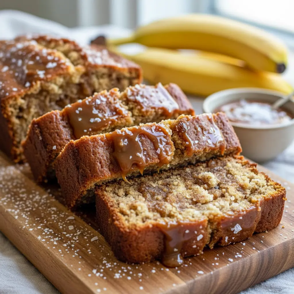Loaf of Salted Caramel Banana Bread with a shiny caramel glaze and chopped nuts on a wooden board, styled for Unique Quick Bread Recipes — shows Churro Banana Bread spice, a Banana Bread Recipe Unique presentation, perfect for Homemade Dessert Bread Recipes, hinting at Salted Caramel Banana Nut Bread, nodding to Salted Caramel Banana Bread Recipe 12 Tomatoes, topped as a Banana Bread With Caramel Glaze and ideal for fans of Sweet Bread Recipes.