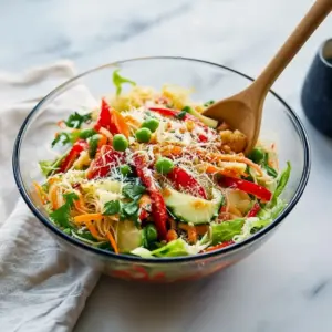 A vibrant bowl of Fresh Salads featuring rice noodles, colorful vegetables, and spicy ginger dressing — a Vegan Salad inspired by Asian Dishes and perfect for Dinner Salads or Soup And Salad meals.