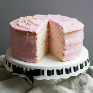 Three-tier white almond layer cake on a white stand, smooth whipped buttercream frosting, a slice removed to reveal the tender, pale crumb.