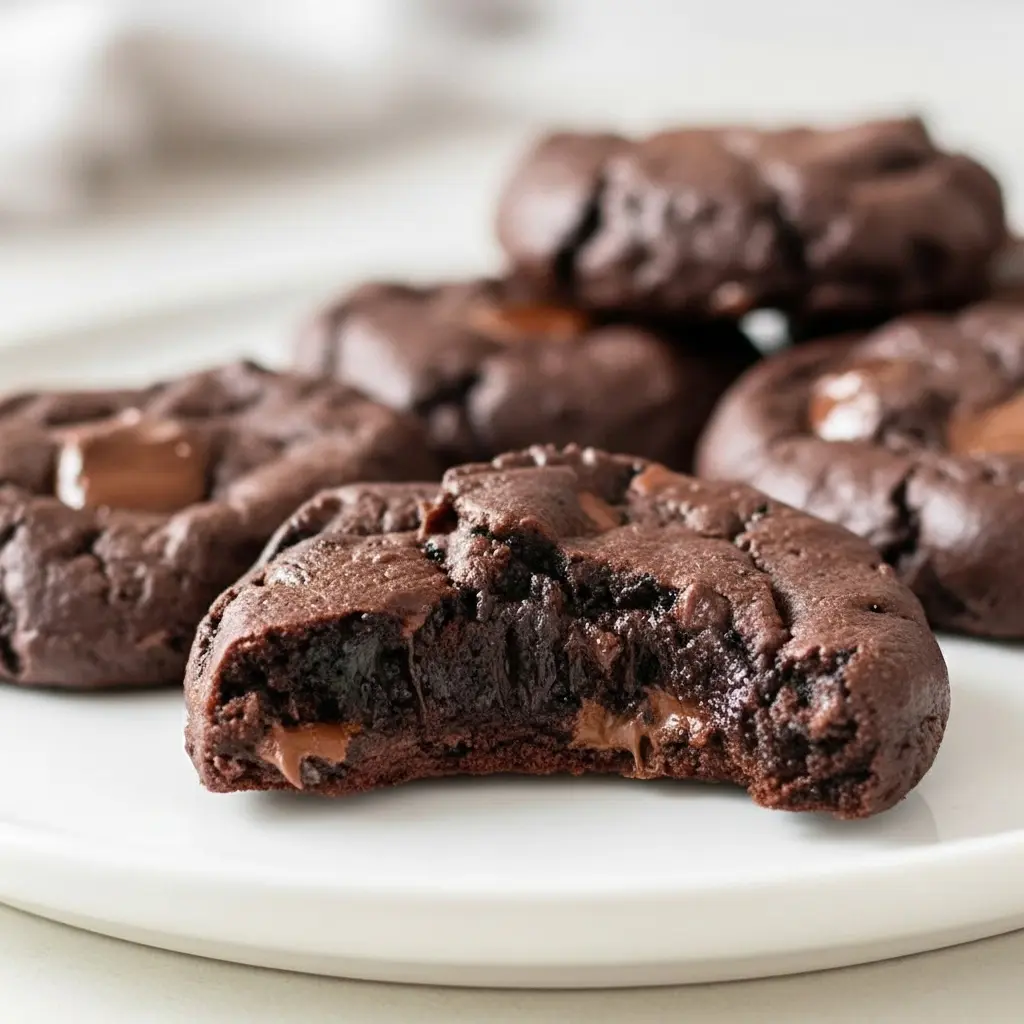 Close-up of glossy, crackled flourless fudge cookies on parchment paper, showing gooey chocolate centers and scattered chocolate chips.