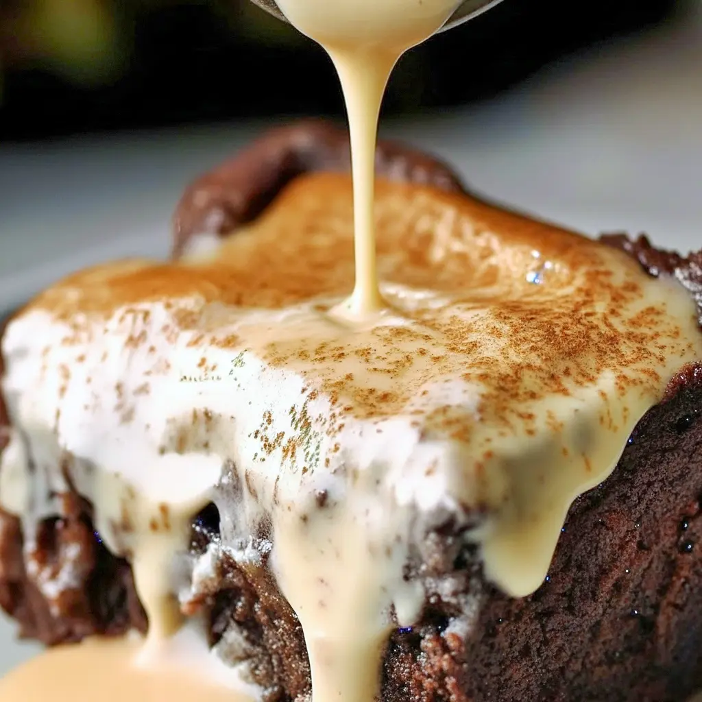 Slice of layered chocolate cake with light whipped frosting, dusted with cinnamon and served on a ceramic plate.