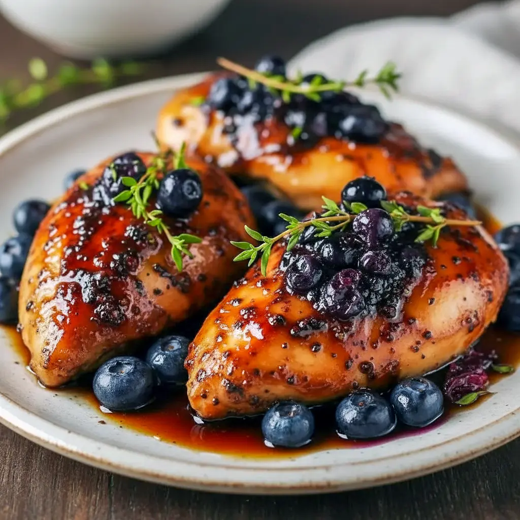 Roasted chicken glazed with blueberry-thyme sauce on a serving platter, styled with fresh thyme and lemon — a Port Recipes Dinners vibe that’s a true Feel Good Dinner and a standout Chicken Recipes Unique option, Blueberry Thyme Chicken.
