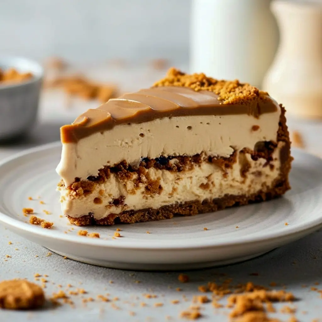 A rich, creamy Biscoff Cheesecake topped with melted cookie butter and cookie crumbles — the Easiest No Bake Cheesecake for summer parties and dessert lovers.
